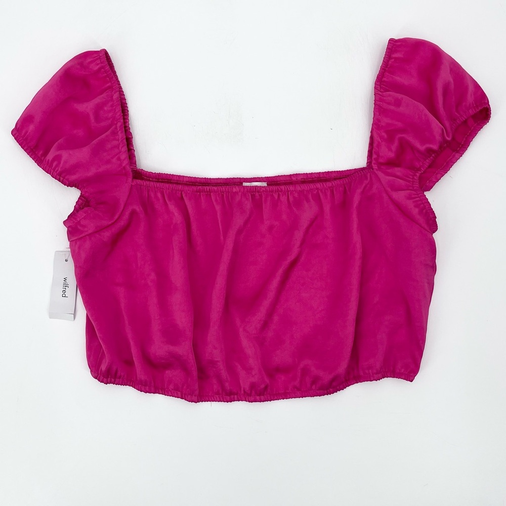 NWT Aritizia Wilfred Ethereal Satin Rose Pink Puff Sleeve Cropped Top Size Large - Picture 2 of 9